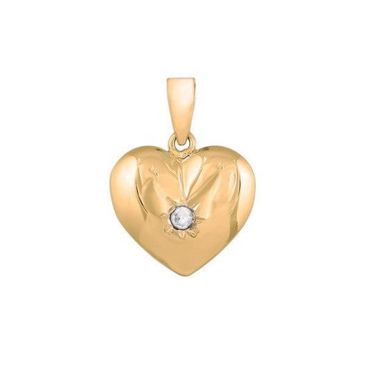 Siersbøl hjertevedhæng i 8 karat guld med hvid zirkon og stjerneformet hvælving, 13 mm.